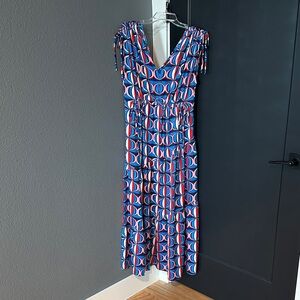Maggy London Blue and Red Patterned Maxi Dress